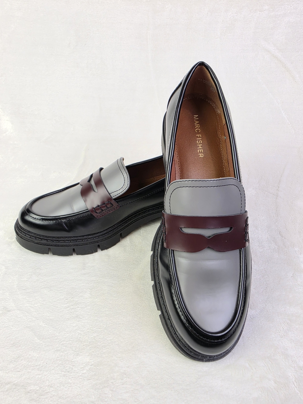 Marc Fisher Cube Lug Sole Penny Loafers‎ Womens 8M Gray Black Maroon
